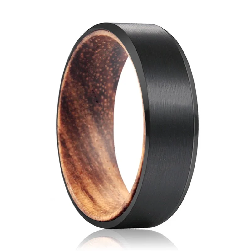 Women’s silver and gold ring-GOBLIN | Zebra Wood, Black Tungsten Ring, Brushed, Beveled