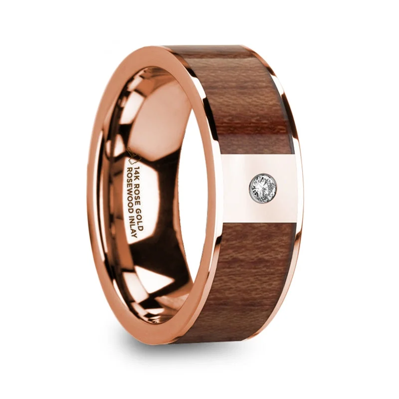 Women’s chic engagement rings-14k Rose Gold Men's Wedding Band with Rosewood Inlay & Diamond