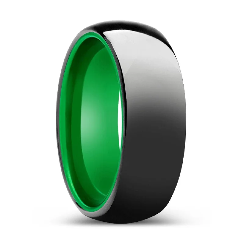 Women’s simple gold ring-ATOMIC | Green Ring, Black Tungsten Ring, Shiny, Domed