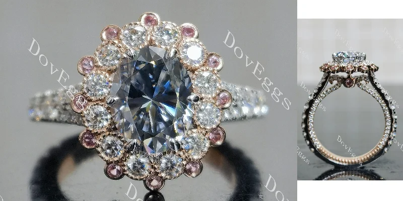 Women’s rose gold and diamond engagement rings-Doveggs oval halo floral vintage stardust grey moissanite engagement ring