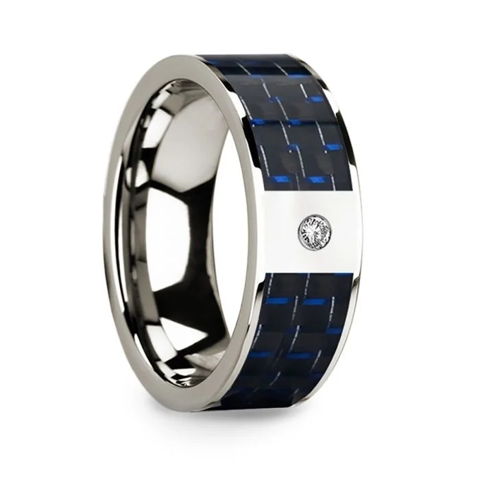 Women’s engagement rings with sapphire side stones-14k White Gold Men's Wedding Band with Blue & Black Carbon Fiber Inlay and Diamond