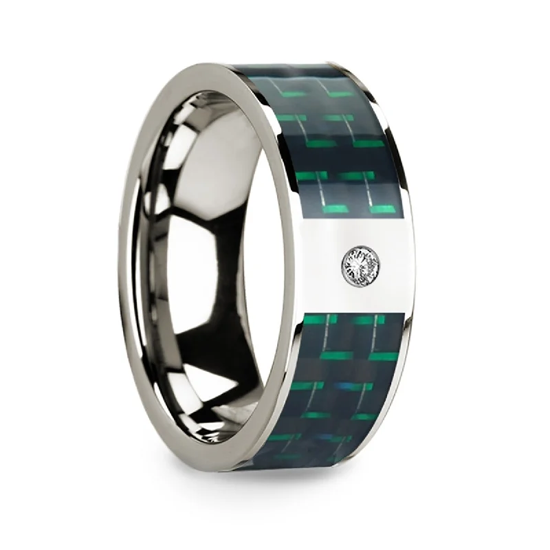 Women’s engagement rings with vintage settings-14k White Gold Men's Wedding Band with Black & Green Carbon Fiber Inlay and Diamond