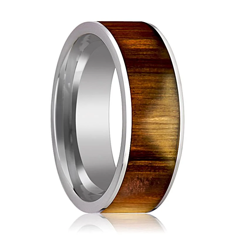 Women’s engagement ring-OLIVASTER | Silver Tungsten Ring, Olive Wood Inlay, Flat