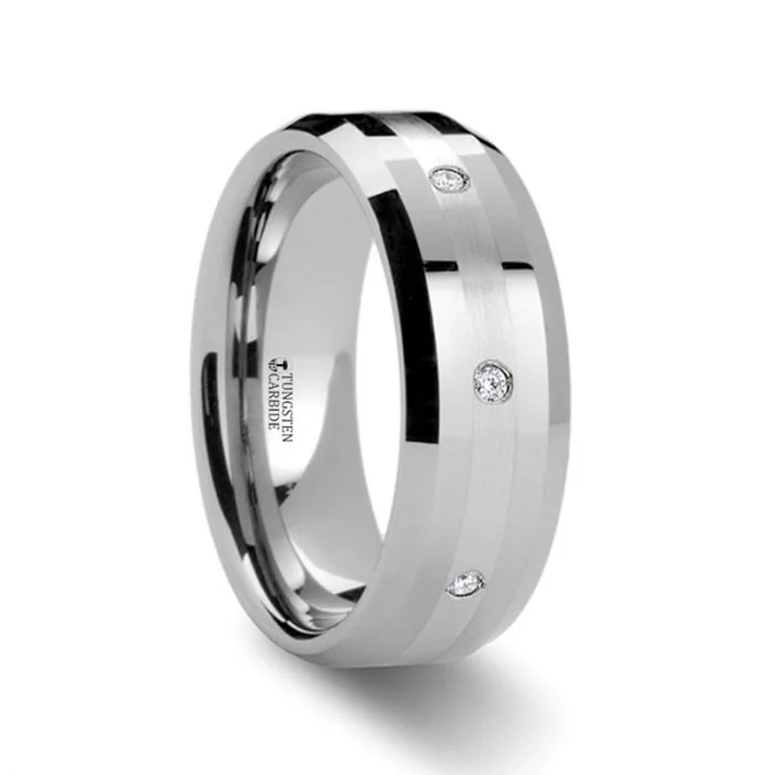 Women’s unique engagement rings-Tungsten Men's Wedding Band with Platinum Inlay & Diamonds