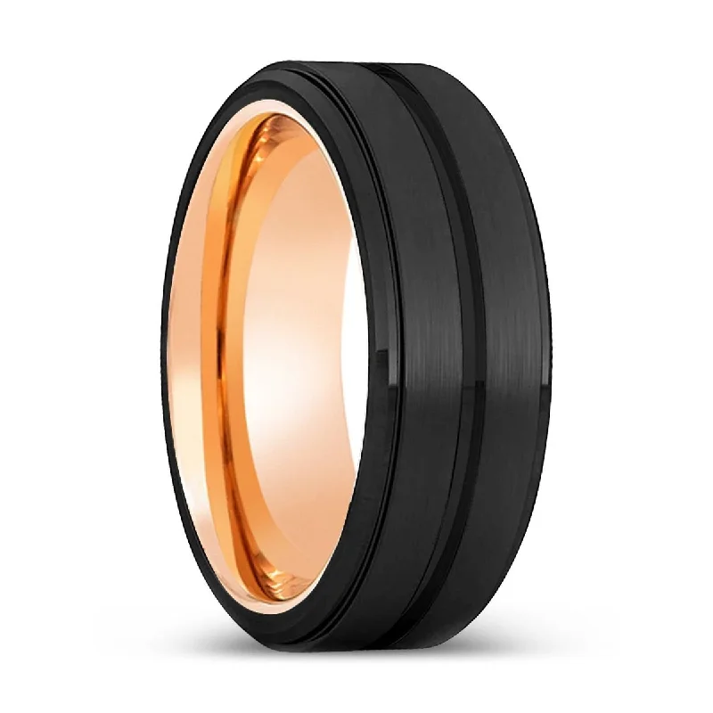 Women’s moonstone ring-RAZORBLADE | Rose Gold Ring, Black Tungsten Ring, Grooved, Stepped Edge