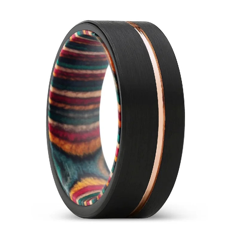 Women’s vibrant gemstone ring-BANSHEE | Multi Color Wood, Black Tungsten Ring, Rose Gold Offset Groove, Brushed, Flat