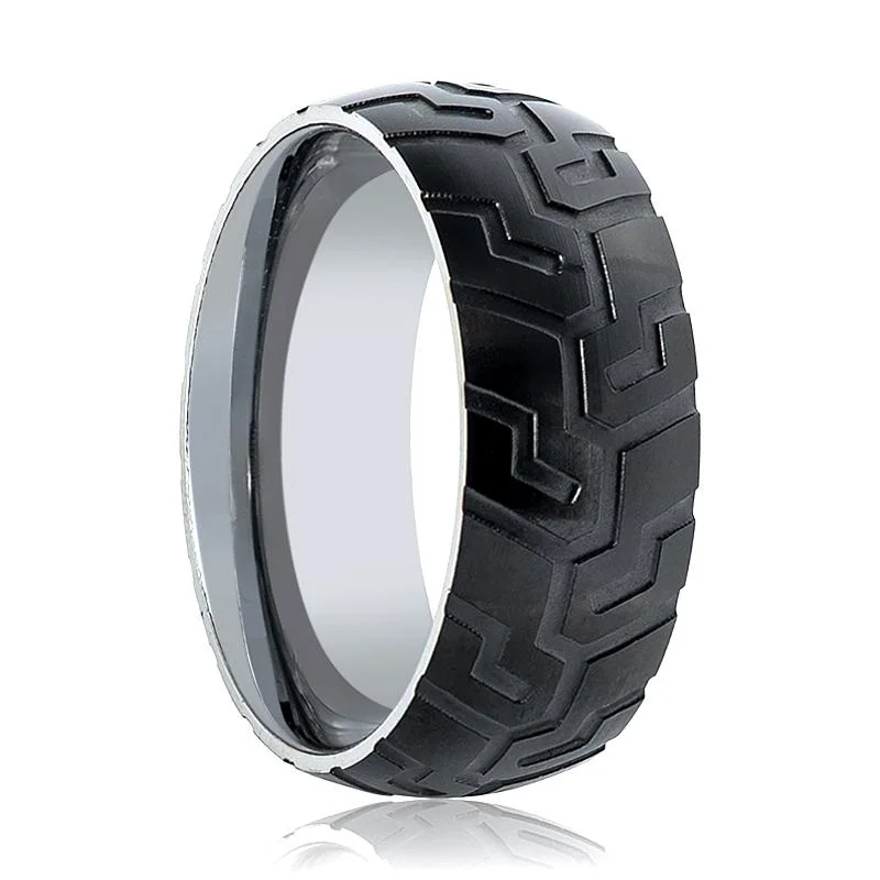 Women’s moonstone gemstone ring-SLAYER | Silver Tungsten Ring, Tire Tread Pattern, Domed