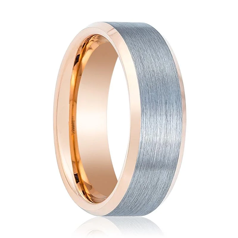 Women’s geometric design ring-KINGRAY | Rose Gold Tungsten Ring, Silver Brushed, Beveled