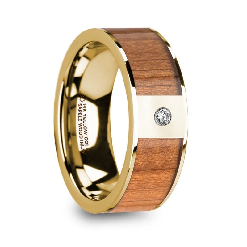 Women’s solitaire engagement rings-14k Yellow Gold Men's Wedding Band with Sapele Wood Inlay & Diamond