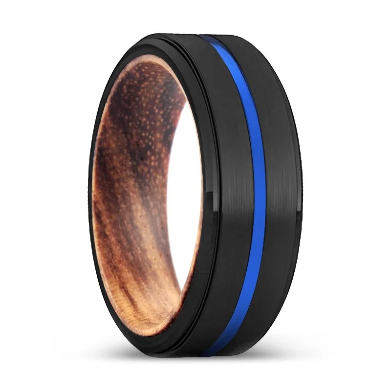 Women’s wide band ring-VULCAN | Zebra Wood, Black Tungsten Ring, Blue Groove, Stepped Edge