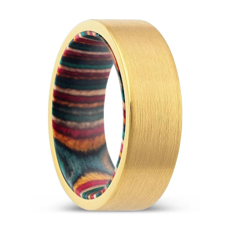 Women’s intricate design ring-TRYXON | Multi Color Wood, Gold Tungsten Ring, Brushed, Flat