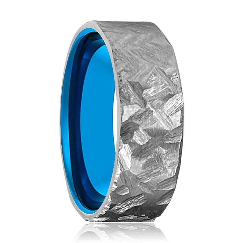 Women’s yellow gold ring-JAWS | Blue Tungsten Ring, Silver Titanium Ring, Hammered, Flat