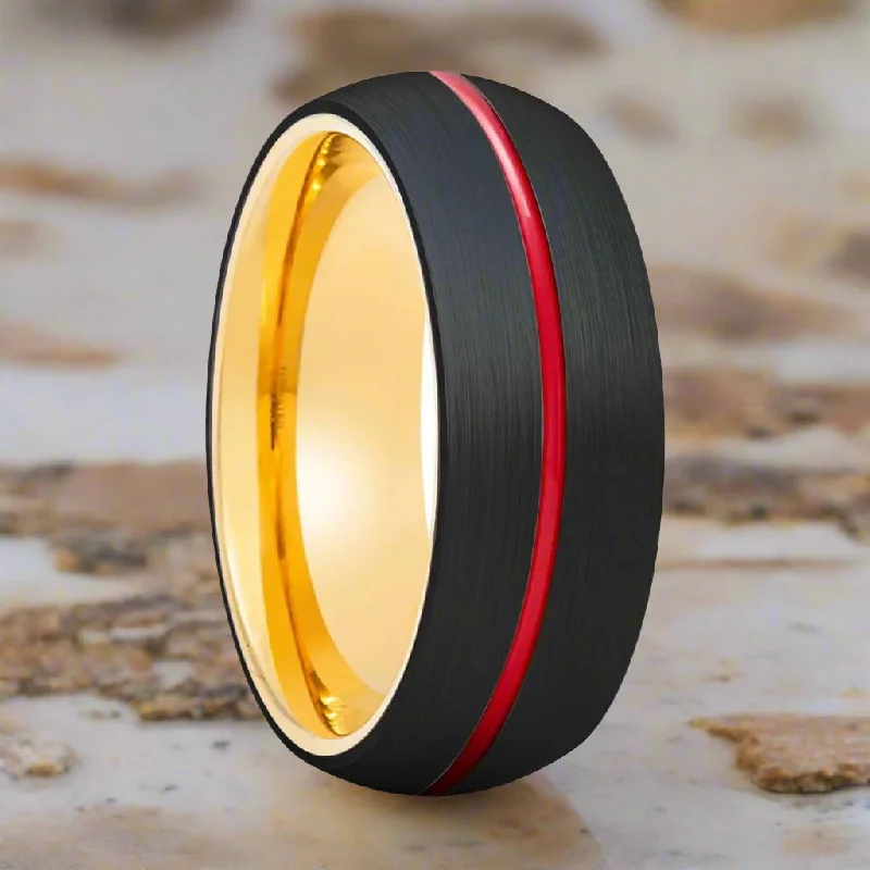 Women’s solitaire ring-ACROBA | Gold Ring, Black Tungsten Ring, Red Groove, Domed