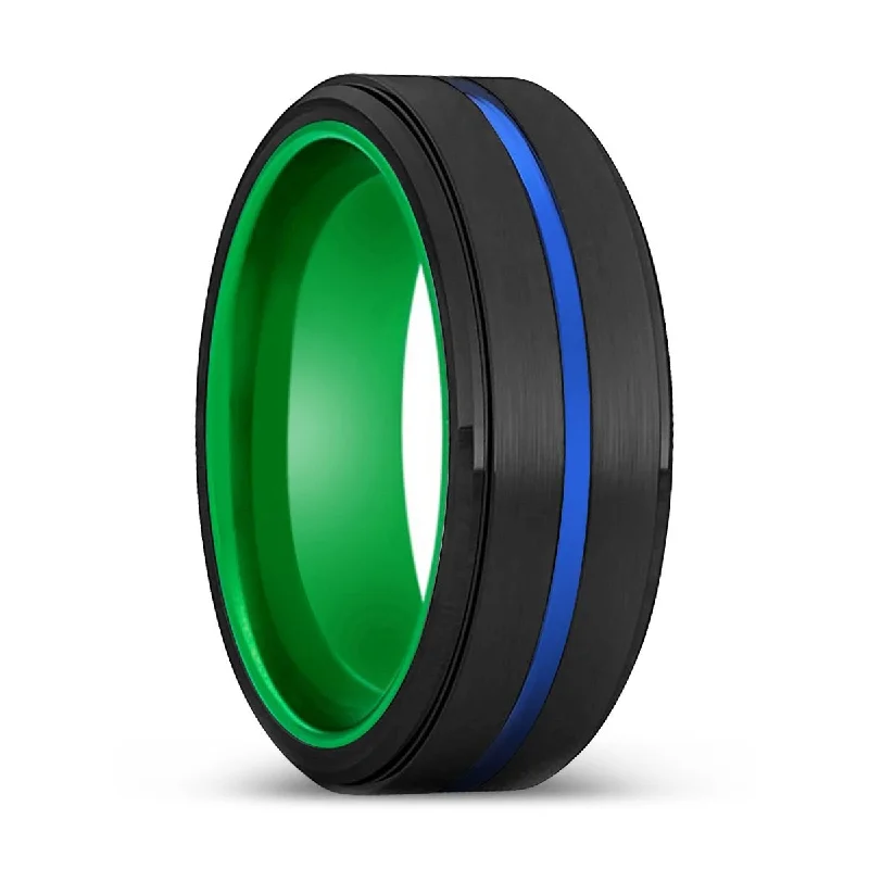 Women’s wide silver ring-HALBERD | Green Ring, Black Tungsten Ring, Blue Groove, Stepped Edge