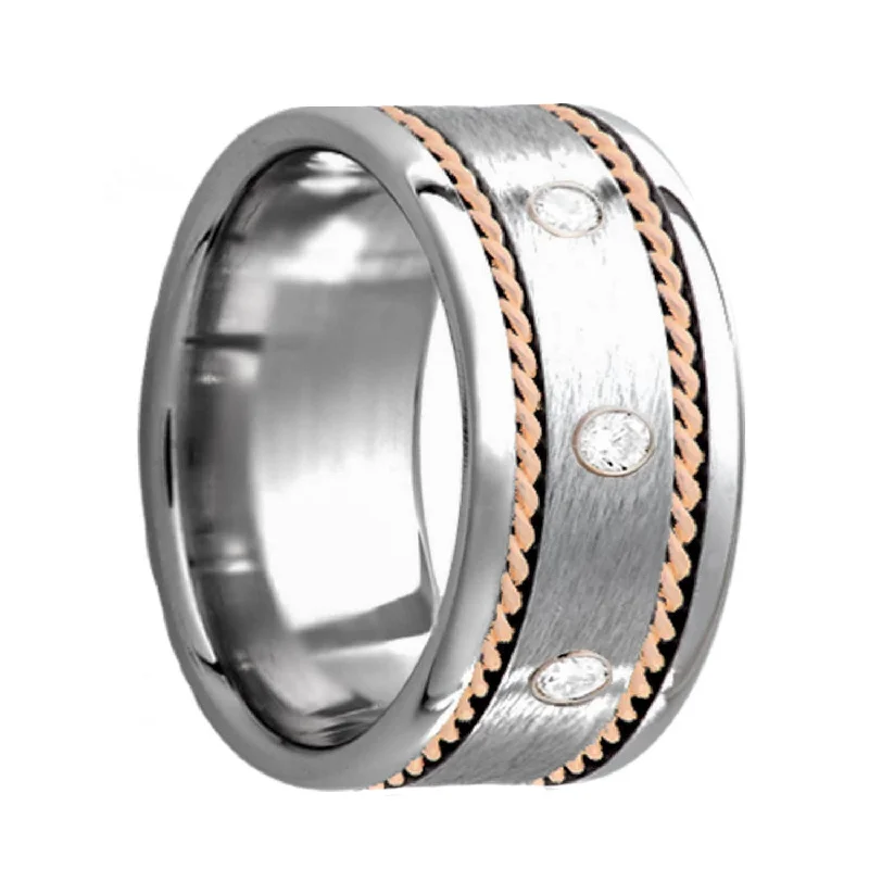 Women’s engagement rings with emerald-Triple Diamond & Dual Hand Woven 14k Rose Gold Inlay Satin Finish Cobalt Wedding Band