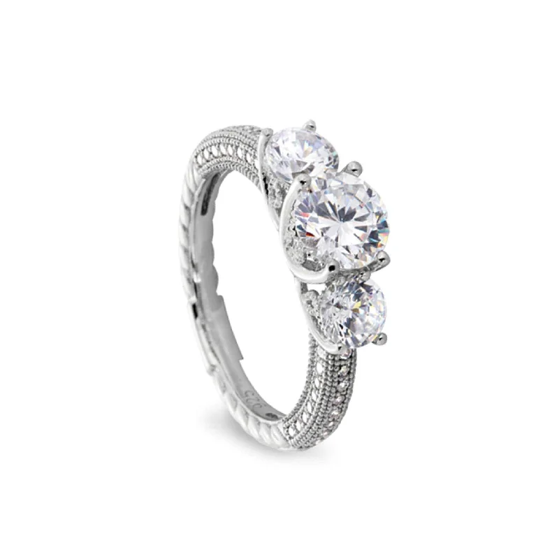 Women’s small diamond engagement rings-Three Stone Ring with 50 Simulated Diamonds