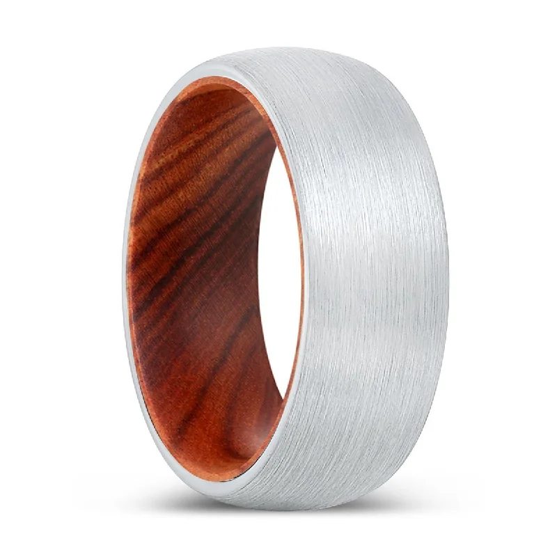 Women’s solitaire ring-REDEMPTION | IRON Wood, White Tungsten Ring, Brushed, Domed