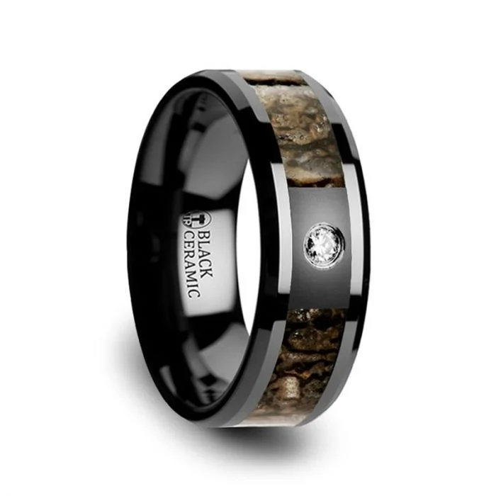 Women’s engagement rings with curved bands-Black Ceramic Men's Wedding Band with Brown Dinosaur Bone Inlay & Diamond