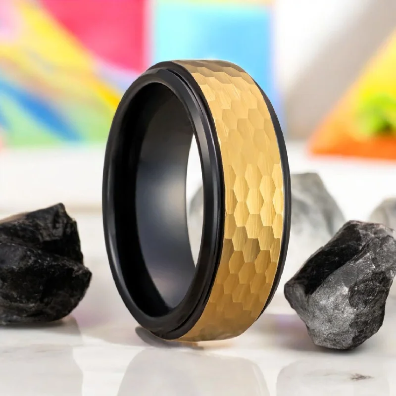 Women’s geometric design ring-OZAK | Black Tungsten Ring, Gold Hammered Center, Stepped Edge