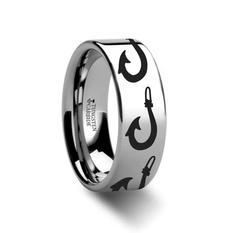 Women’s cocktail ring-Large Polynesian Fishing Hook Laser Engraved Flat Tungsten Couple Matching Ring - 4MM - 12MM