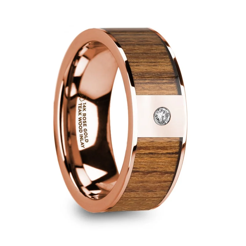 Women’s delicate engagement rings with diamonds-14k Rose Gold Men's Wedding Band with Teak Wood Inlay & Diamond