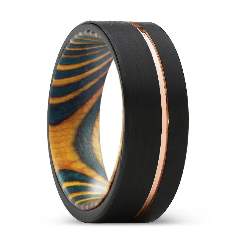 Women’s silver and gold ring-VIRIDIAN | Green and Yellow Wood, Black Tungsten Ring, Rose Gold Offset Groove, Brushed, Flat