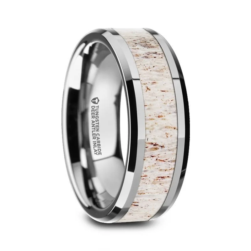 Women’s romantic ring-WHITETAIL | Silver Tungsten Ring, Off-White Deer Antler Inlay, Beveled