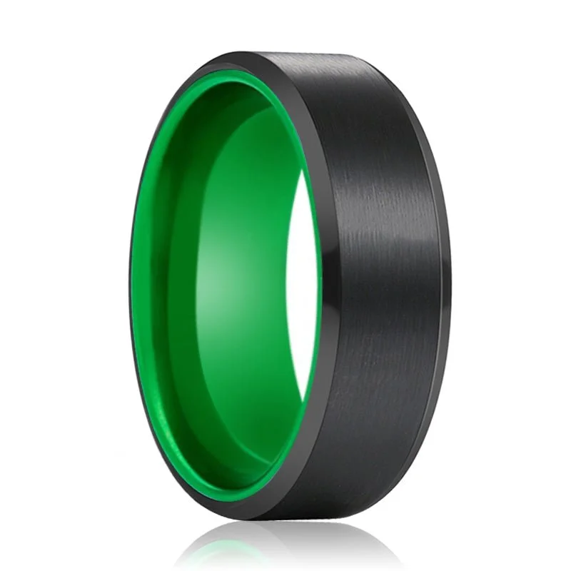 Women’s ruby ring-GUMBY | Green Ring, Black Tungsten Ring, Brushed, Beveled