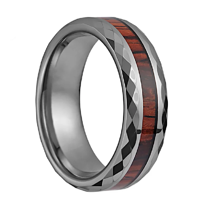 Women’s engagement rings with large diamonds-Diamond Faceted Men's Tungsten Wedding Band with Koa Wood Inlay