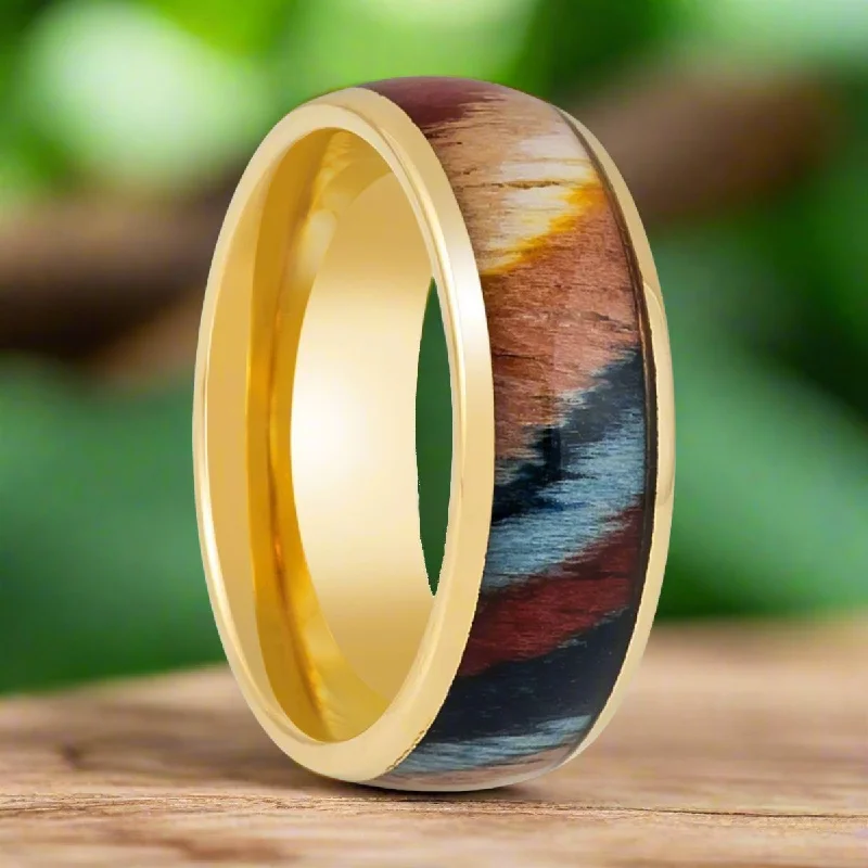 Women’s two-tone ring-CARVEDEN | Yellow Tungsten Ring, Colorful Dyed Rosewood Inlay