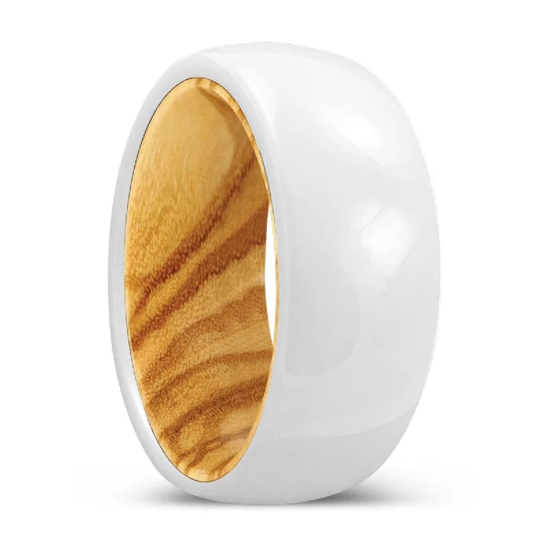 Women’s diamond ring-HARVEST | Olive Wood, White Ceramic Ring, Domed