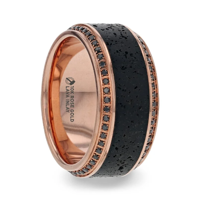 Women’s engagement rings with a band-10k Rose Gold Men's Wedding Band with Lava Rock Inlay & Black Diamonds