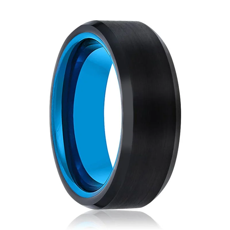 Women’s luxury diamond ring-SKYLAR | Blue Tungsten Ring, Black Tungsten Ring, Brushed, Beveled