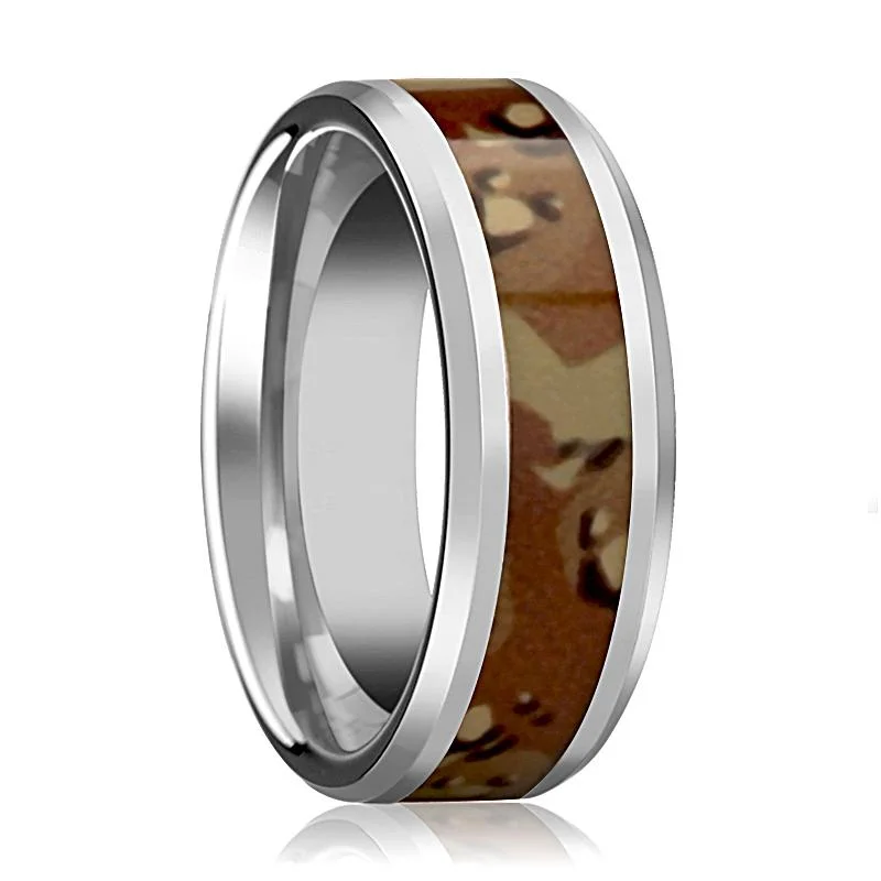 Women’s simple gold ring-Military Camo Ring - Men's Tungsten Wedding Band W/ Desert Camouflage Inlay and Bevels - 8MM