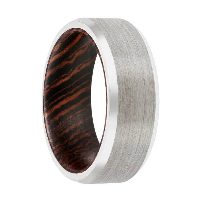 Women’s polished ring-CHAMP | Wenge Wood, Silver Tungsten Ring, Brushed, Beveled