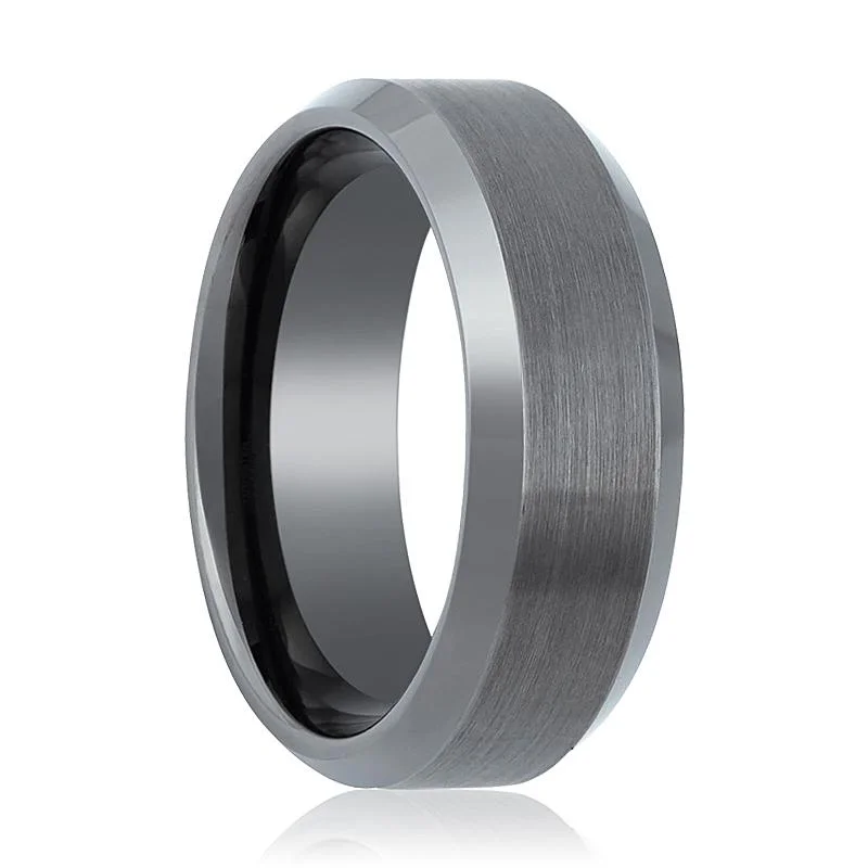 Women’s opal ring-AXINGTON | Gun Metal Tungsten Ring, Brushed, Beveled Edge