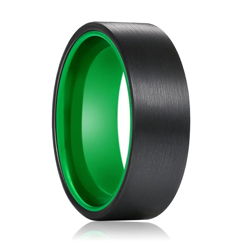 Women’s sapphire ring-KERMIT | Green Ring, Black Flat Brushed Tungsten Ring