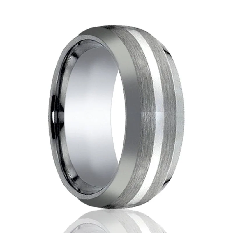 Women’s eternity band-CENTURION | Tungsten Ring Silver Stripe Inlay