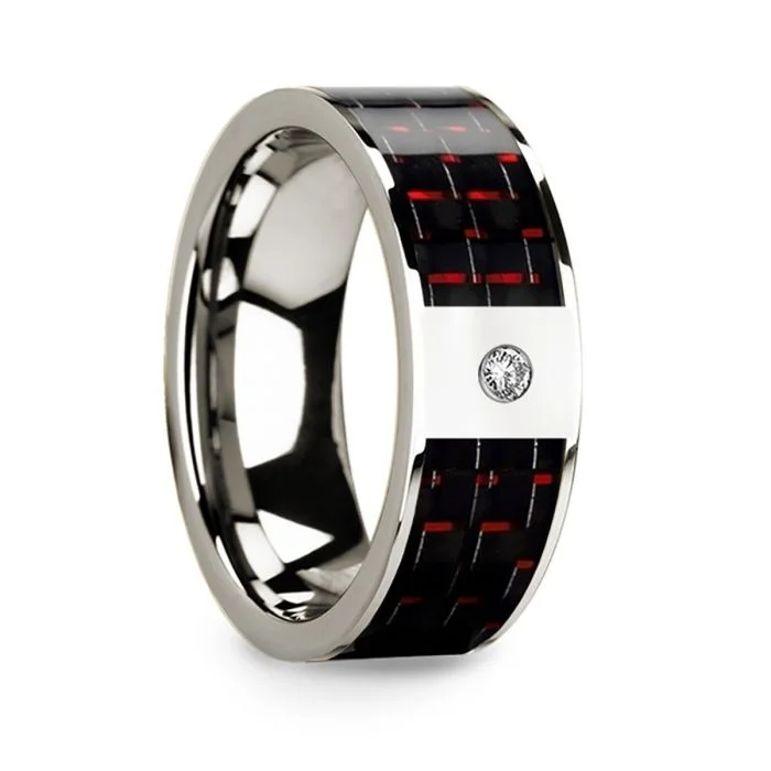 Women’s custom halo engagement rings-14k White Gold Men's Wedding Band with Red & Black Carbon Fiber Inlay and Diamond