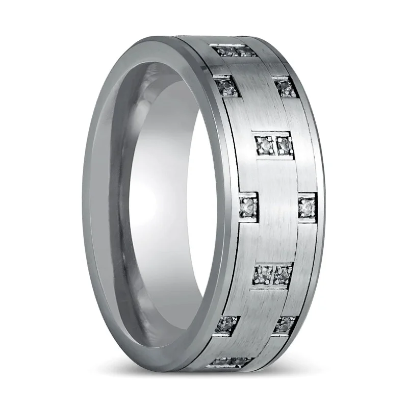 Women’s side-stone ring-SCINTILLA | Silver Tungsten Ring, Pipe Cut Ring, White CZ Ring