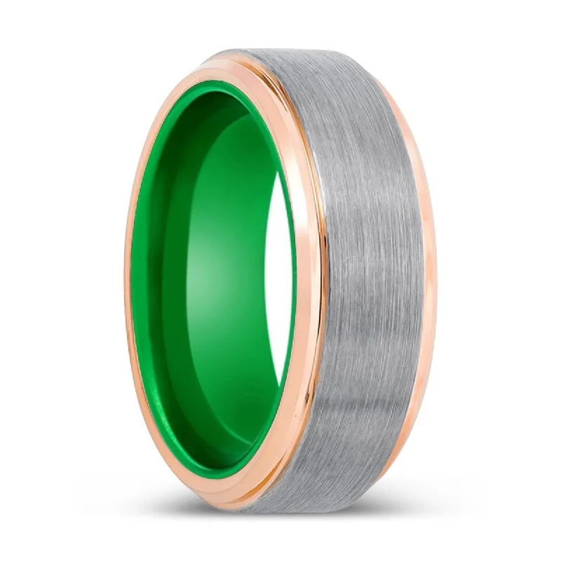 Women’s marquise ring-GIBBS | Green Ring, Silver Tungsten Ring, Brushed, Rose Gold Stepped Edge