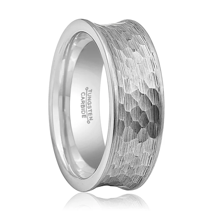 Women’s oval ring-DECIUS | Silver Tungsten Ring, Hammered, Concave