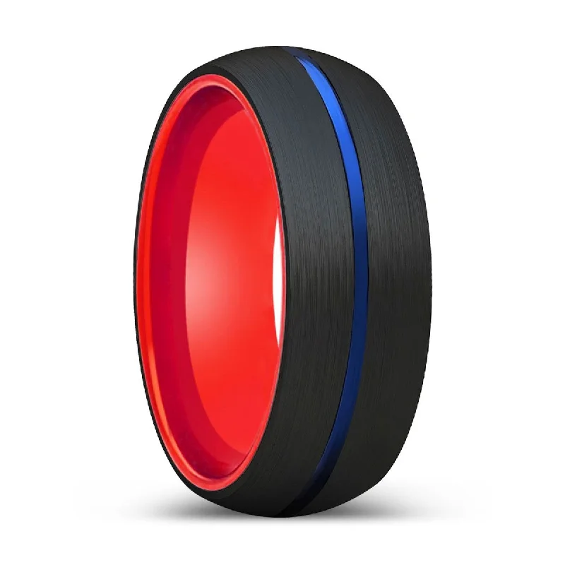 Women’s moonstone gemstone ring-ELIANO | Red Ring, Black Tungsten Ring, Blue Groove, Domed