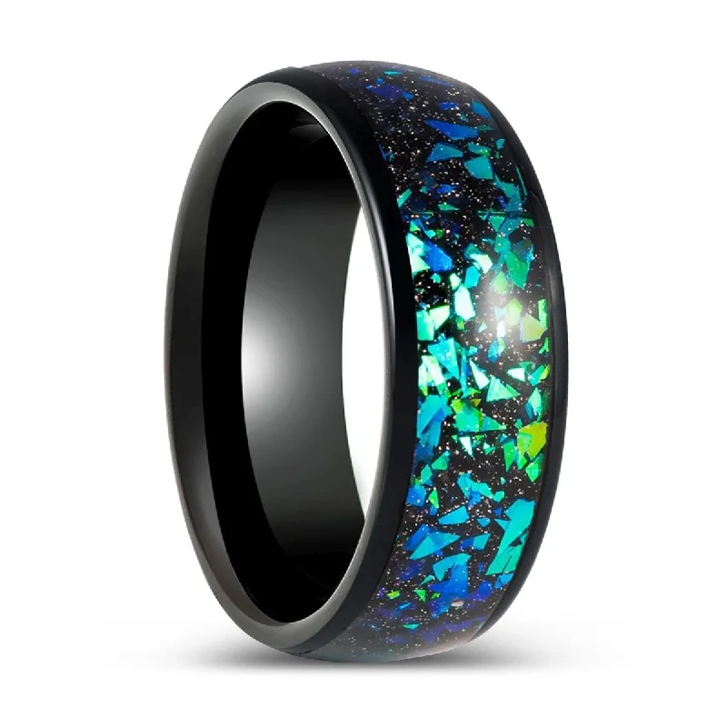 Women’s boho ring-ZURLOU | Black Tungsten Ring Green Opal and Abalone Fragments