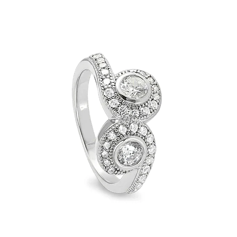 Women’s large diamond engagement rings-Swirl Two Stone Ring with Two 120 Facet Simulated Diamonds