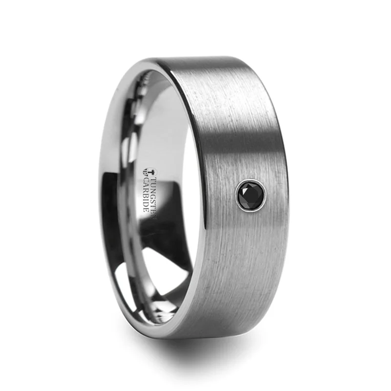 Women’s wedding and engagement rings-Brushed Tungsten Men's Wedding Band with Black Diamond