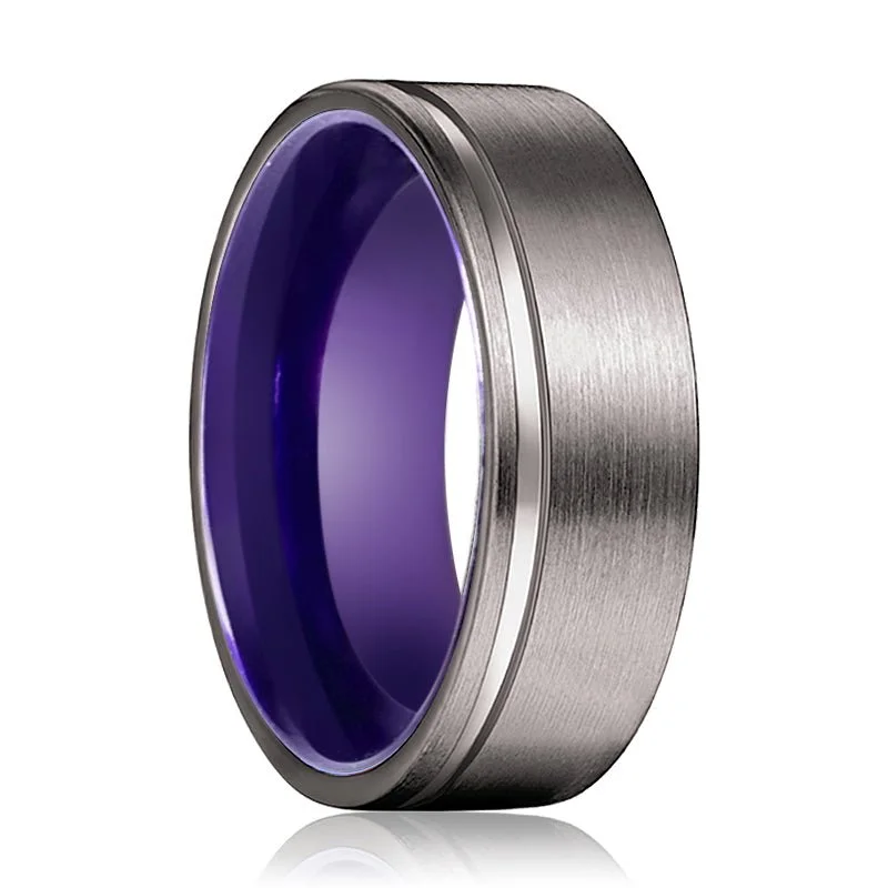 Women’s promise ring-LUPIN | Purple Ring, Gunmetal Tungsten Offset Groove