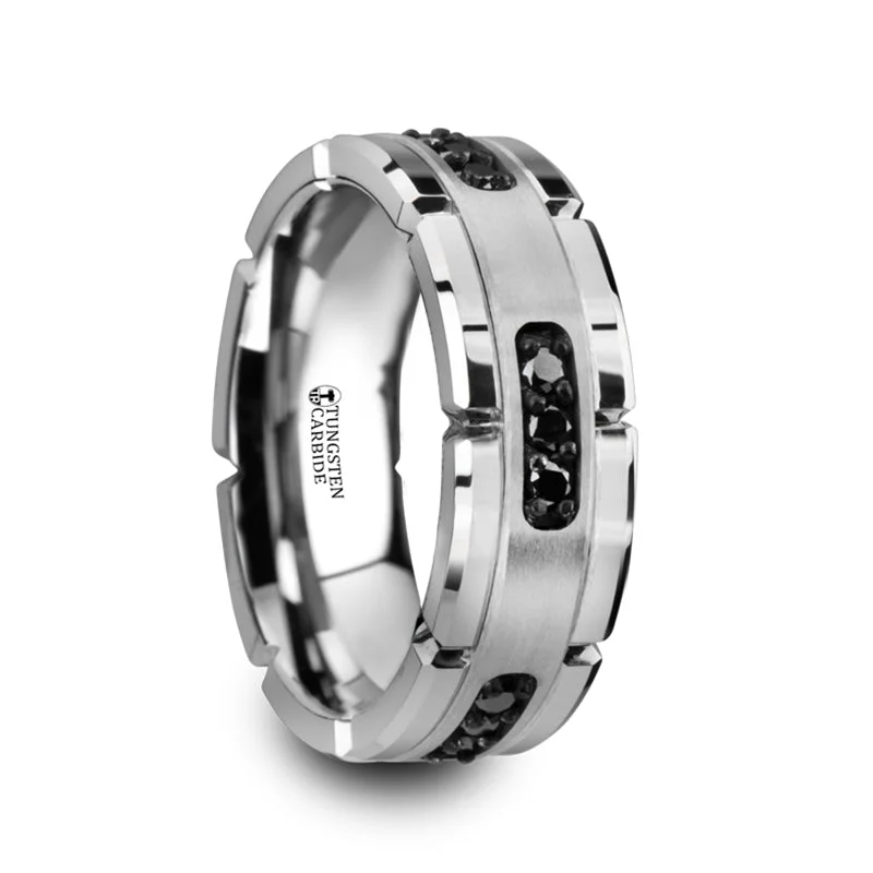 Women’s elegant solitaire engagement rings-Grooved Tungsten Men's Wedding Band with Silver Inlay & Black Diamonds