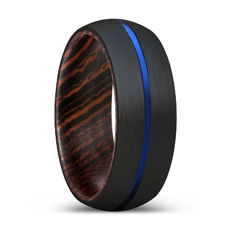 Women’s modern ring-HUBS | Wenge Wood, Black Tungsten Ring, Blue Groove, Domed