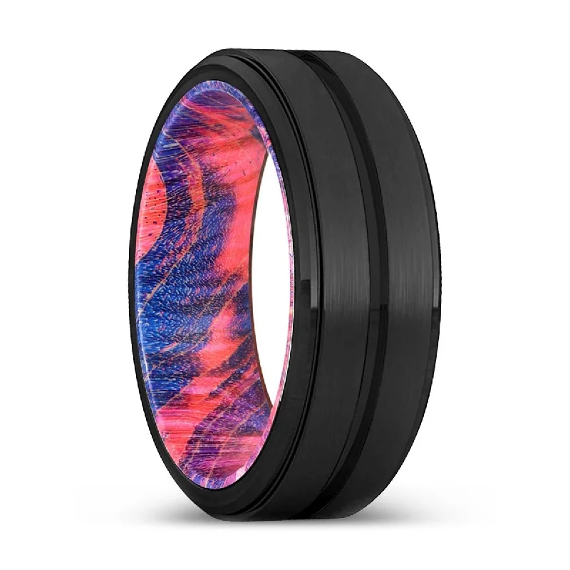 Women’s cushion-cut ring-FRANKY | Blue & Red Wood, Black Tungsten Ring, Grooved, Stepped Edge